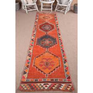 3.1x12 ft Vintage <b>Rug</b>, Turkish <b>Runner</b> <b>Rug</b>, Orange Gray Bordered Wool <b>Rug</b> - Product Image 1