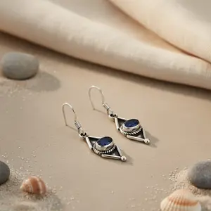 Boucles d'oreilles pendantes vintage en argent 925 avec saphir bleu, plaqué or, forme goutte d'eau et perle diamant pour femme. pour les mariages - Product Image 2