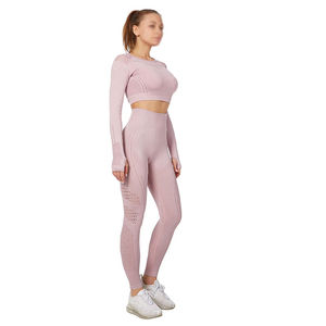 Conjunto de Yoga de nylon LICRA con logotipo personalizado para mujer al por mayor, mallas deportivas de cintura alta, mallas de yoga transpirables de cintura alta sólidas - Product Image 2