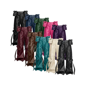 Fashion Premium Genuine Leather Cargo Pants Motorcycle Tactical Utility <b>Trouser</b> Pockets Buckle Strap Riding Leather Pants Women - Product Image 1