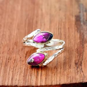 Bague Marquise Turquoise Huître Rose Argent Sterling 925 Martelé Réglable Split Band Bijoux pour Femmes - Product Image 2