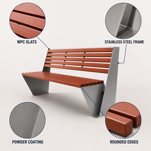 Panca da Esterno Commerciale per Parco, Struttura in Acciaio Inossidabile, Doghe in Legno WPC, Seduta Pubblica per Giardino e Strada, OEM - Product Image 3