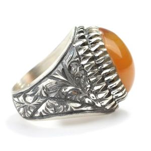 <b>925</b> Sterling <b>Silver</b> Men's <b>Ring</b> Pressed Oval Amber with Bezel Setting Pen-Shaped Design for Everyday Wear - Product Image 3