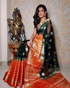 Sari en organza Banarasi fantaisie, collection élégante de créateurs, bordure en zari, longueur au sol, 6,3 m, pièce de chemisier pour tenue de mariée, mariage - Product Image 6