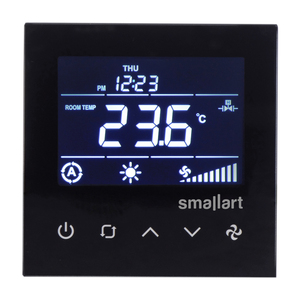 Termostato Smallart T3055.31B HVAC, válvula moduladora de ventilador táctil de 3 velocidades, 24V AC/DC Modbus RTU, bobina de ventilador negra montada al ras - Product Image 1