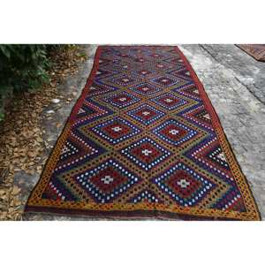 Tapis turc traditionnel rouge bleu Vintage 5.6 X 12.1ft Design Patchwork en laine pour décor de salon pour adolescents - Product Image 1