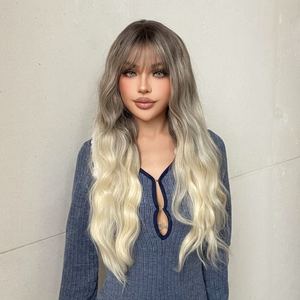 Hannah-DWY for Ombre <b>Bleach</b> Blonde Long Curly Lace Front Wig Heat Resistant Fiber Synthetic Wig Transparent Lace Bangs Loose - Product Image 1