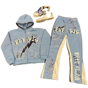 Conjunto de 2 piezas de chándales de algodón desgastados con lavado ácido con bordado, chándales con capucha personalizados, pantalones con capucha de peso pesado de invierno - Product Image 3
