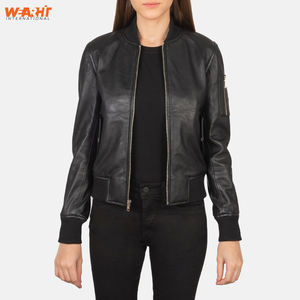 Manteau d'hiver pour femmes en cuir d'agneau noir véritable veste Bomber col montant fermeture éclair coupe ajustée vêtements d'extérieur Style de rue respirant - Product Image 6