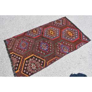 Alfombra Kilim Vintage de 3x5 pies, obra maestra turca tejida a mano, respaldo de látex de lana roja y azul, técnica de tejido plano, alfombra de yute de retazos - Product Image 2