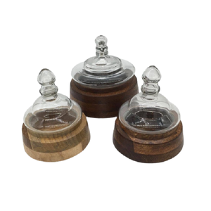 Juego de cuencos de madera para servir alimentos de diseño antiguo de 3 cuencos de mezcla de madera de forma redonda con tapa de vidrio de diseñador - Product Image 6