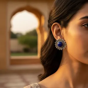 Boucles d'oreilles clous en argent 925 avec lapis-lazuli, diamant et perle pour femme, sertissage mignon pour mariage, fiançailles, anniversaire, fête, cadeau - Product Image 1