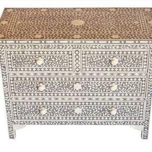 Table de chevet florale en incrustation d'os Table de chevet en gros Meuble de salon noir avec tabouret Inde - Product Image 1