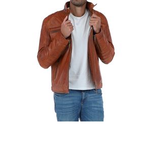 Veste en cuir marron à manches zippées pour homme Poches avant Slim Fit High Street 100% coton Veste de course de moto - Product Image 2