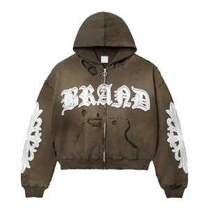 Custom Streetwear Oversized Acid Stone Washed Distressed Puff Print Hoodie Sun Faded Acid Wash Zip up Hoodies para hombres - Product Image 6