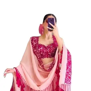 Beautiful Pink Double Colored Heavy Style Fox Georgette Fancy Blouse Piece And Long Lehenga For Women