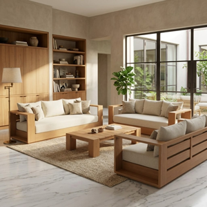 Conjunto de Sofás de Madera de Teca para Hotel, Grado Comercial, Respaldo de Listones, Sofá Tapizado, Grupo de Asientos para Proyectos de Resorts y Villas - Product Image 1