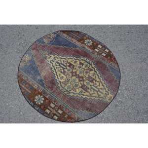 Vintage 4x4ft Turkish <b>Wool</b> Rug <b>Red</b> Blue Patchwork Design Classic Handmade Large Area Rectangle Area Rug Hallway Room Room Rug - Product Image 4