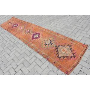 Tapis Kilim Orange Fait Main 2.6X11.2 ft Turc Jacquard Plat Armure Viscose Couloir Rectangle Peluche Pile Tressé Technique - Product Image 4