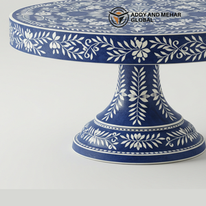 Assiette à dessert de luxe en forme de feuille florale avec support à gâteau en incrustation d'os bleu fabriqué à la main - Product Image 5