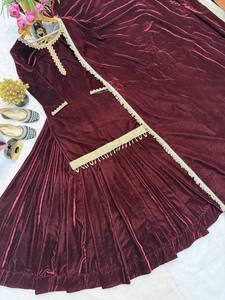 Magnifique Salwar Kameez Sharara Palazzo Dupatta en velours de viscose pur, style traditionnel pour les fêtes, avec broderie lourde multi-aiguilles - Product Image 6