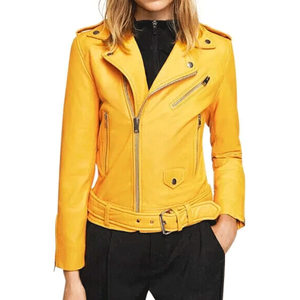 Chaqueta de moto de piel de cordero auténtica amarilla clásica para mujer, chaqueta de cuero suave estilo motorista para mujer 100% - Product Image 1
