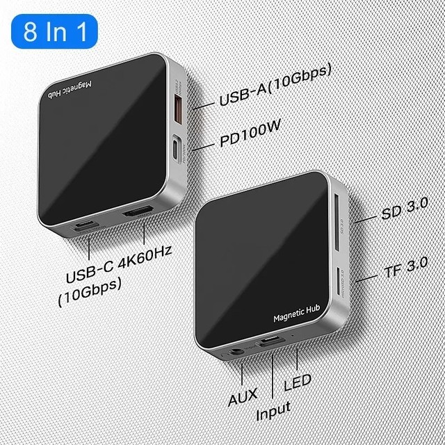 Magnetic USB-C Hub 8-in-1: 4K,60Hz, 10Gbps USB-A/C, 100W PD Charging, Plug & Play, SD/TF Card Reader, Audio Jack.