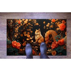 Tapis motif écureuil forestier : Tapis imprimé floral automnal, décor forestier, tapis fin non tissé - Product Image 2