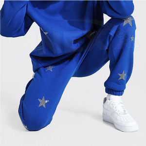 Survêtements en coton 340GSM à coupe ample pour hommes, tenue quotidienne en polaire écologique, pull à épaules tombantes, sweats à capuche en strass, pantalons solides - Product Image 5