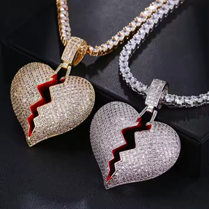 Hip Hop 925 Sterling Silver Bling Pass Diamond Tester Iced Out VVS Moissanite diamant Rouge Broken Heart Pendentif pour Hommes Femmes - Product Image 1