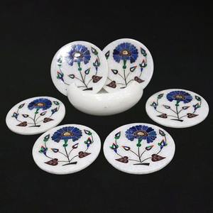 Round white marble <b>coasters</b> <b>with</b> floral mother of pearl inlay handmade natural stone drink <b>coaster</b> <b>set</b> <b>with</b> marble <b>holder</b> dining - Product Image 3