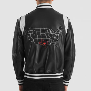 <b>Men's</b> PU Leather Varsity <b>Jacket</b> Black White <b>Letter</b> T Embroidered Front Button Closure Regular Fit Casual Autumn Wear - Product Image 4