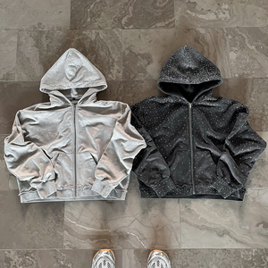 YSJY Sweat à capuche streetwear d'hiver personnalisé, coupe ample et courte, effet délavé au soleil, imprimé numérique, coupe épaisse, avec strass - Product Image 5