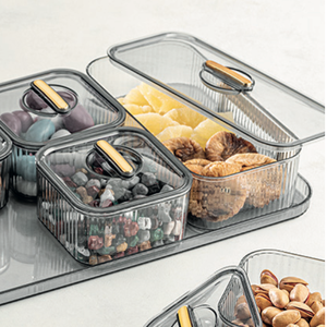 Ensemble de 5 plateaux de service pour le petit-déjeuner en plastique PS moderne sans BPA, contenants de stockage alimentaire transparents de 350 ml avec poignée dorée pour la cuisine - Product Image 6