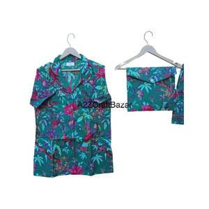 Ensemble de pyjama court pour femmes à motif floral imprimé à la main 100% coton pur Doux Fermeture à cordon de serrage Vêtement de nuit d'été - Product Image 2