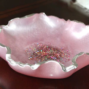 Alluring Pink Resin Decorative <b>Bowl</b> With <b>Silver</b> Glitter Detailing For Jewelry Storage Makeup Organizer Or Decorative Styling - Product Image 4