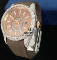 Reloj Mecánico con Diamantes Moissanita de Corte Redondo y Correa de Goma Marrón para Hombre