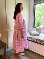 Gaun Maxi Wanita Musim Gugur Musim Panas Kasual Tenun Ramah Lingkungan Dapat Dicuci Kancing Cetak Blok Tangan Motif Bunga Bohemian Kerah O Lengan 3/4