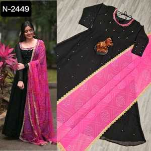 Las últimas mujeres usan vestidos Anarkali elegantes listos para usar con bordado y borde de trabajo Moti con estampado Digital Bandhani Dupatta - Product Image 2