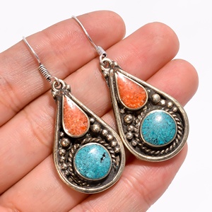 ต่างหูพลอยปะการังเทอร์ควอยซ์ธรรมชาติ,ต่างหูทำด้วยมือของเนปาลเงินทิเบตเครื่องประดับโบราณ - Product Image 1