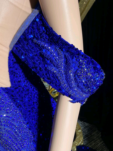 Robe de soirée bleu royal couture faite à la main avec strass cristal appliques élégante maille tissu robe complète naturelle pour le bal d'anniversaire - Product Image 3