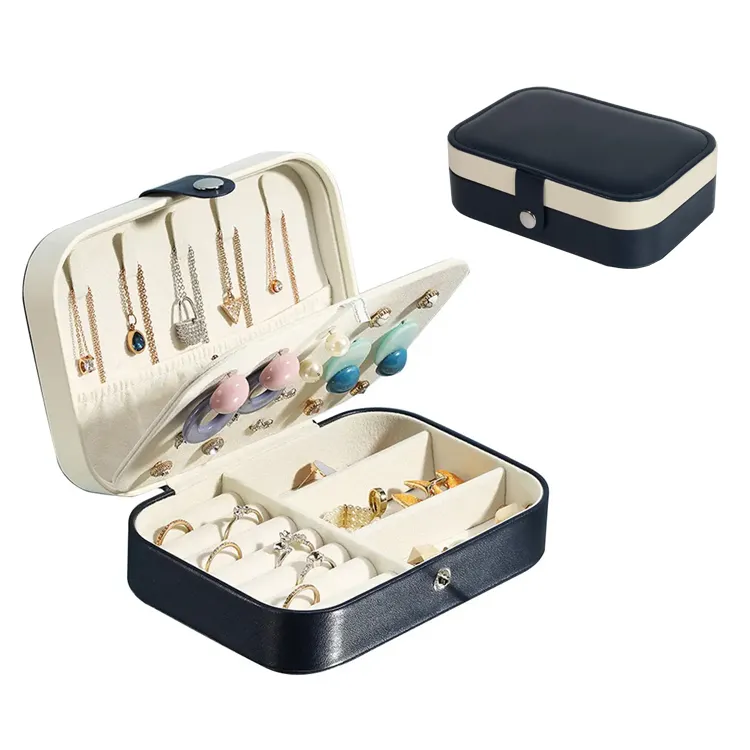 Lüks kadınlar taşınabilir seyahat JewelryOrganizer saklama kutuları kutusu özel WhiteDouble katmanlı Pu deri kız yüzük küpe kutusu