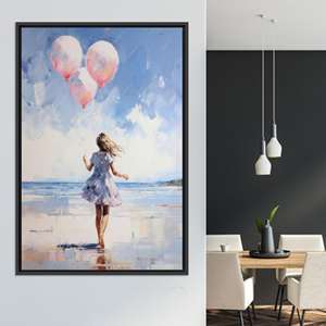 Toile imprimée : Décoration murale côtière rêveuse avec ballon rose, TOILE ENCADRÉE NOIRE - Product Image 1