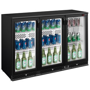 Commercial Back Bar Cooler PREMIUM PLUS - 1350mm - 330L - with 3 <b>glass</b> <b>hinged</b> <b>doors</b> - Black - Product Image 1