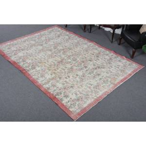 Alfombra de área de lana turca Vintage de 7x10 pies, rectángulo grande rojo Beige con patrón abstracto para pasillo, habitación, cabecera, respaldo de látex - Product Image 2