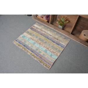 Large Area Bohemian Beige Vintage Turkish Rug 2.7 X 3.1ft Wool Latex Backing Abstract Pattern Patchwork Design for Hallway Room - Product Image 4