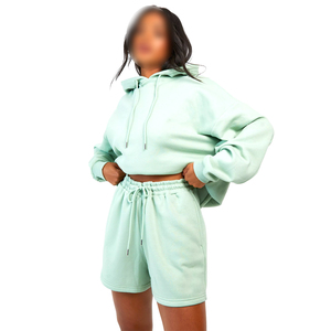 เสื้อฮู้ดมีซิปสำหรับผู้หญิง2ชิ้นผ้าคอตตอนขนแกะ100% แฟชั่นมาใหม่2025และชุดสั้นเฮฟวี่เวทชุดสั้น2ชิ้น - Product Image 1