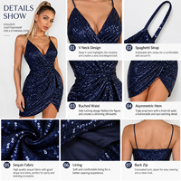 Robe courte à sequins pour femme, bretelles spaghetti, col en V, froncée, moulante, asymétrique, pour soirée ou cocktail, OEM ODM