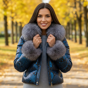 Blouson matelassé en cuir véritable pour femme avec col en fourrure de renard gris, coupe-vent d'hiver, fermeture éclair, style streetwear - Product Image 5