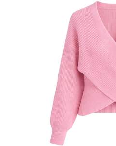 Manufacturer Customized Women Baby Pink Ribbed Knit Wrap Top <b>Long</b> Sleeve V Neck Cropped Sweater Casual Fashion Winter Wear - Product Image 4